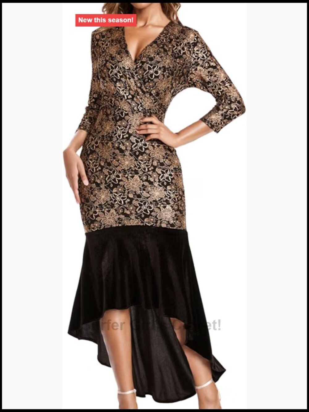 Sequin Mermaid Maxi Dress Women V-Neck 3/4 Sleeve Formal